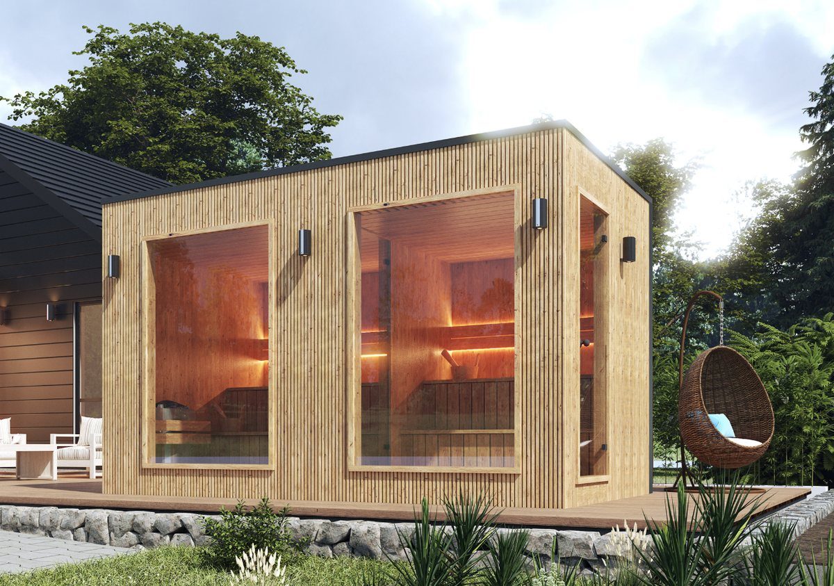 Outdoor garden sauna cabin with glass front