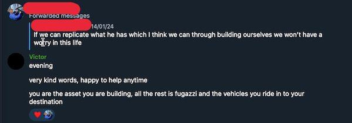 Message from a client thanking Victor for his help
